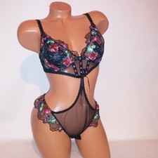 Victoria Secret Lingerie Teddy One Piece Bodysuit Large Black Floral Embroidered