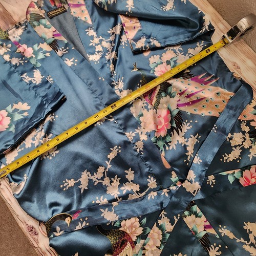 Old Shanghai Belted Kimono Robe Peacock Emerald Cherry Blossom Silk Feel Green - Picture 11 of 14