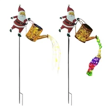 Solar Watering Can Lights Outdoor Christmas Santa Waterproof Metal Garden Decor