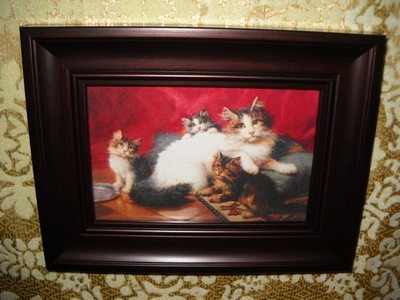 MOTHER CAT WITH HER KITTENS 4 X 6 brown frame Victorian style animal art picture