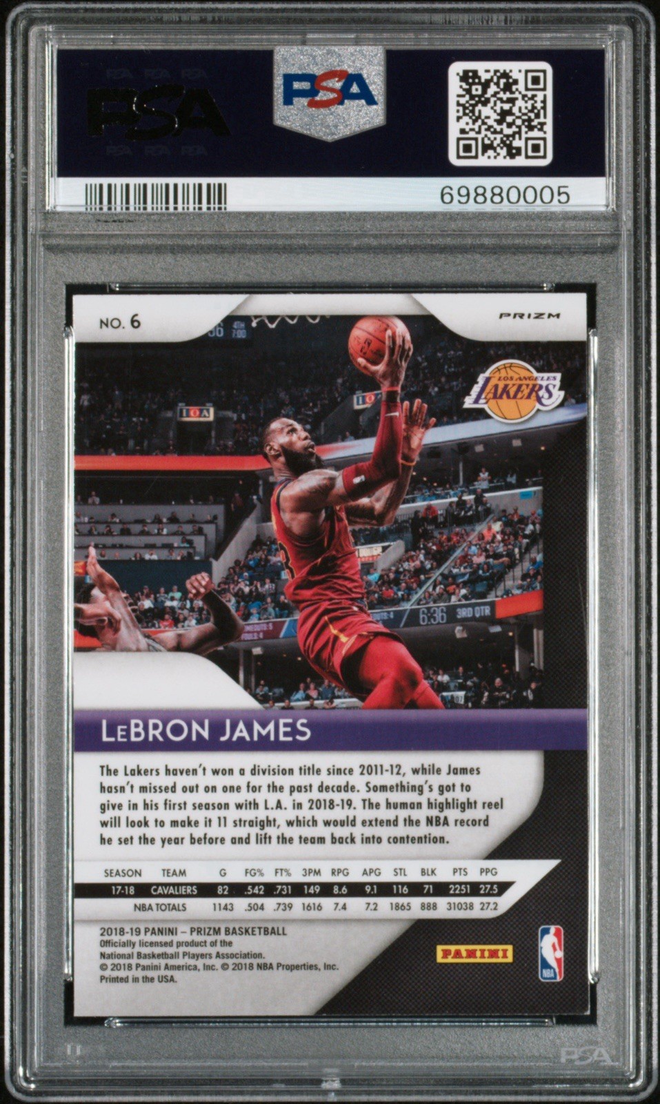 2018-19 Panini Prizm LeBron James #6 Silver Prizm PSA 9 💎Lakers Cavaliers 76ers view 2