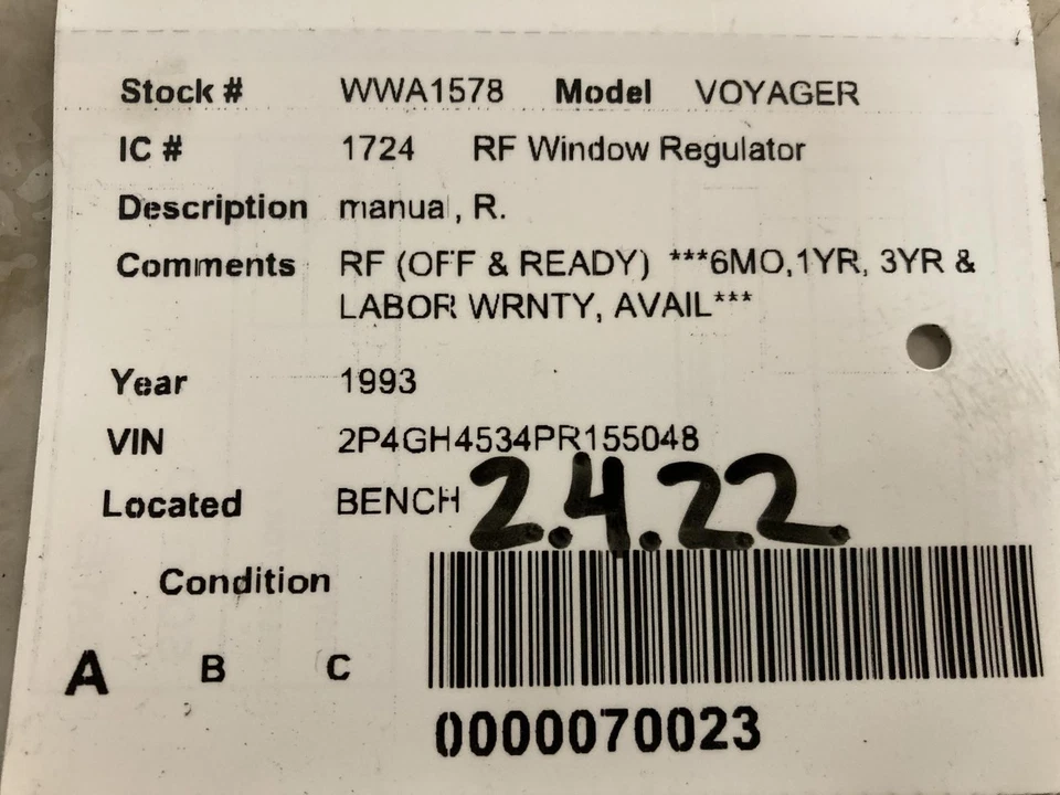 Used Front Right Door Window Regulator Front fits: 1993 Plymouth Voyager manual Foto 3 de 4