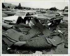 1974 Press Photo Cars damaged by tornado at Town and Country Village.