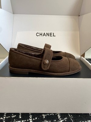 Chanel Mary Jane Flats Brown Suede Shearling Lined Women's Shoes