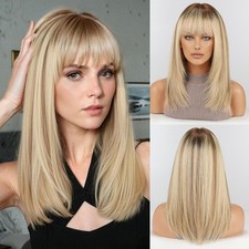 14" Ombre Blonde with Brown Highlight with Bangs Layered 100 Human Hair Wigs