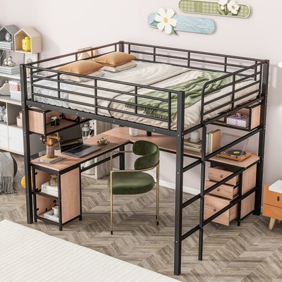 Full Size Metal Loft Bed with Bookcase, Desk and Cabinet