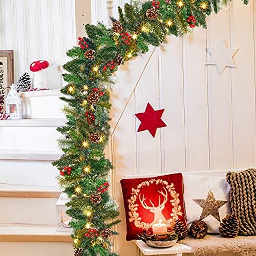 9FT Christmas Garland, Pre-lit Artificial Xmas Garland Decorations Greenery - Picture 4 of 7