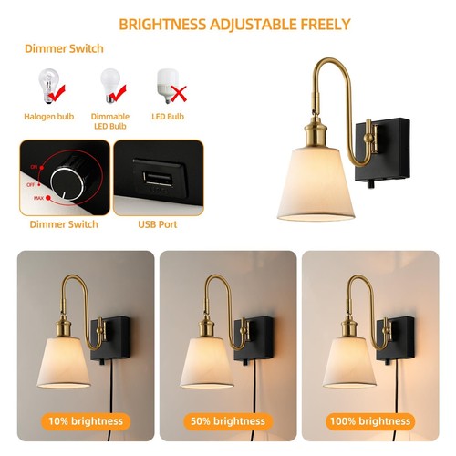 HELVAK Modern Plug in Wall Sconces, Plated Brass Bedroom Wall Lights with Dim... - 第 2/7 張圖片