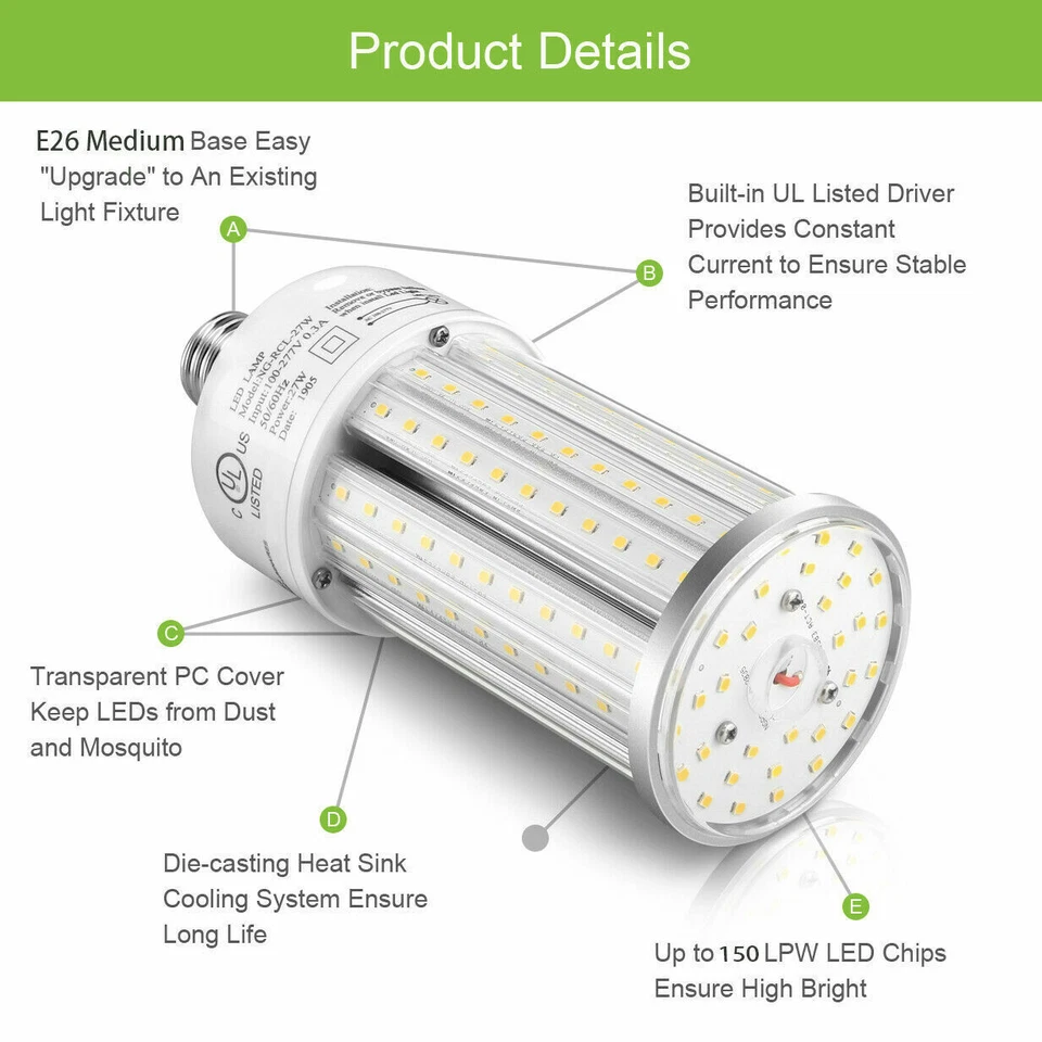 (200W Equival) 45W LED Corn Bulb Lights E26 Standard Base For Garage Warehouse - Image 4 of 4