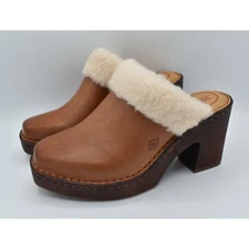 Born Womens Size 11 Hope Brown Full Grain Leather Shearling Slip On Heeled Clogs