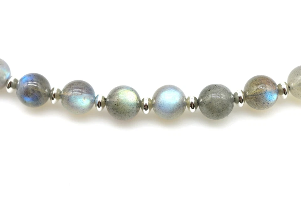 Large 10mm Round Labradorite Beaded Bracelet, Green Blue Yellow Rainbow Flash - Image 4 of 4