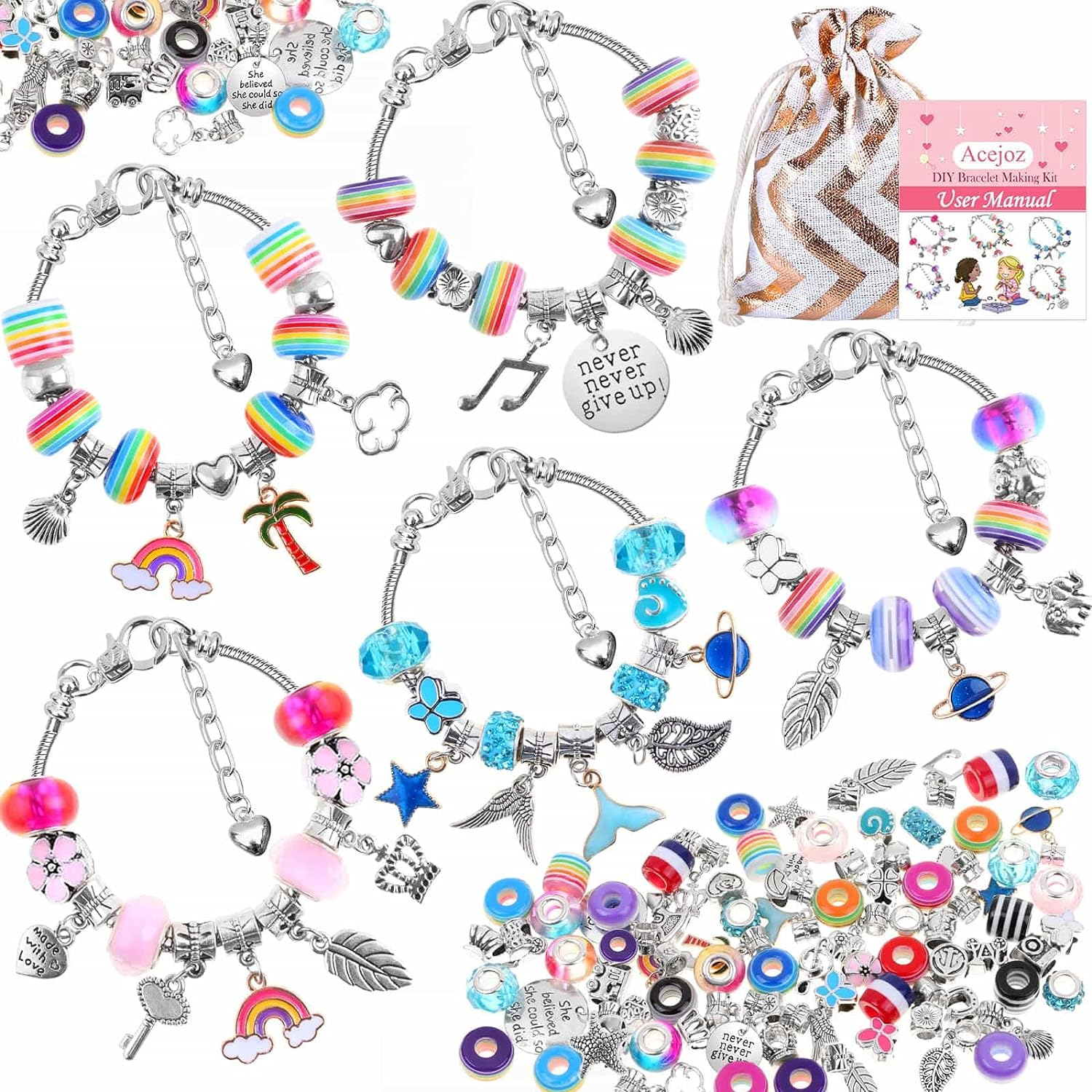 Acejoz 85 Pcs Charm Bracelet Making Kit, DIY Charm Bracelets Beads for Adults
