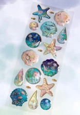 Puffy Ocean Seashells Pressed Flowers Sticker Sheet Junk Journal Girly