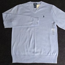 Polo by Ralph Lauren Cotton Sweater V-Neck Kids Boys L 16/18 Light Blue Vintage