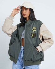 I Saw It First Oversized Padded Bomber Jacket With Contrast Sleeves Khaki Size M