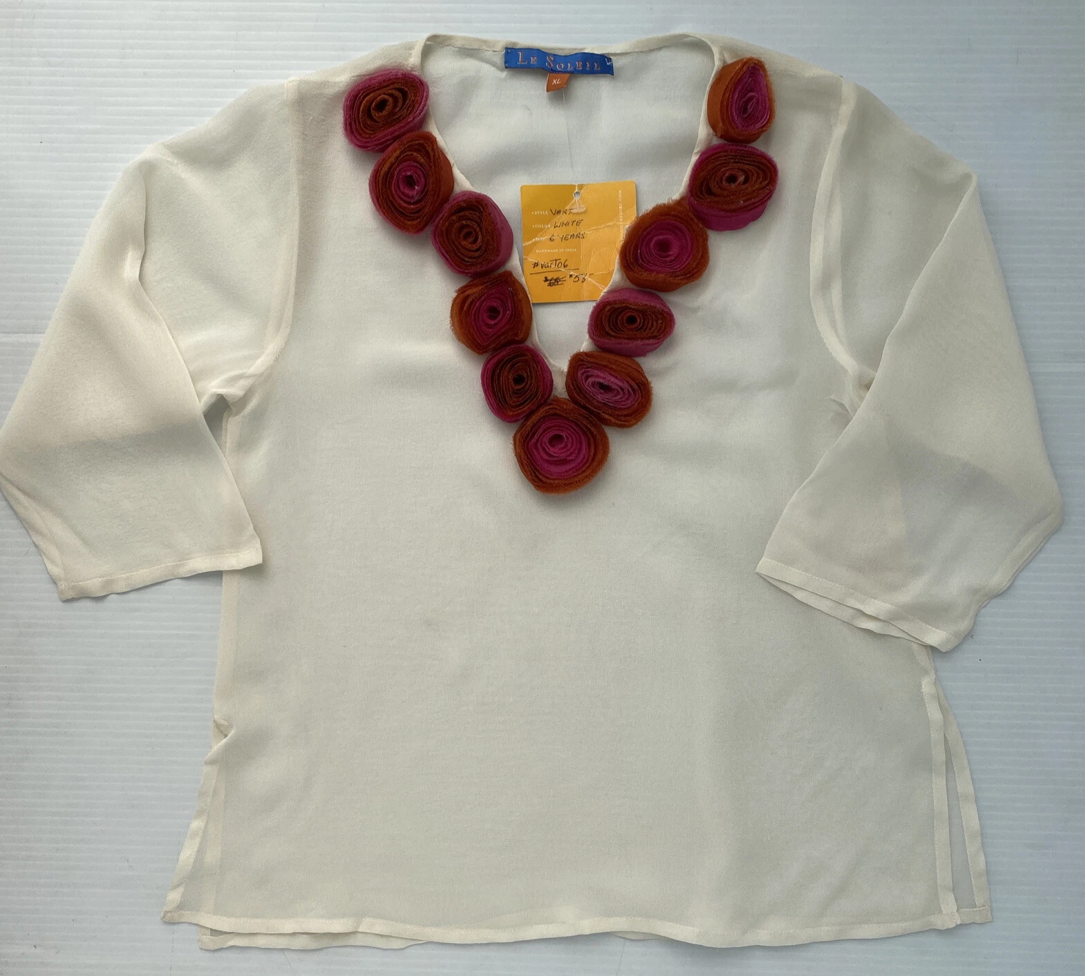 NEW Silk Top Girls Size 6 Small Designer Tunic Cream White Resort wear Pink Rose