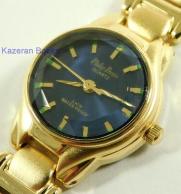 Funktionierende Damen Philip Persio facettiertes Glas blaues Zifferblatt GP Quarz Armbanduhr