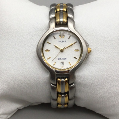 Pulsar Watch Women 26mm Gold Silver Two Tone V782-6B50 Date New Battery 6.5''