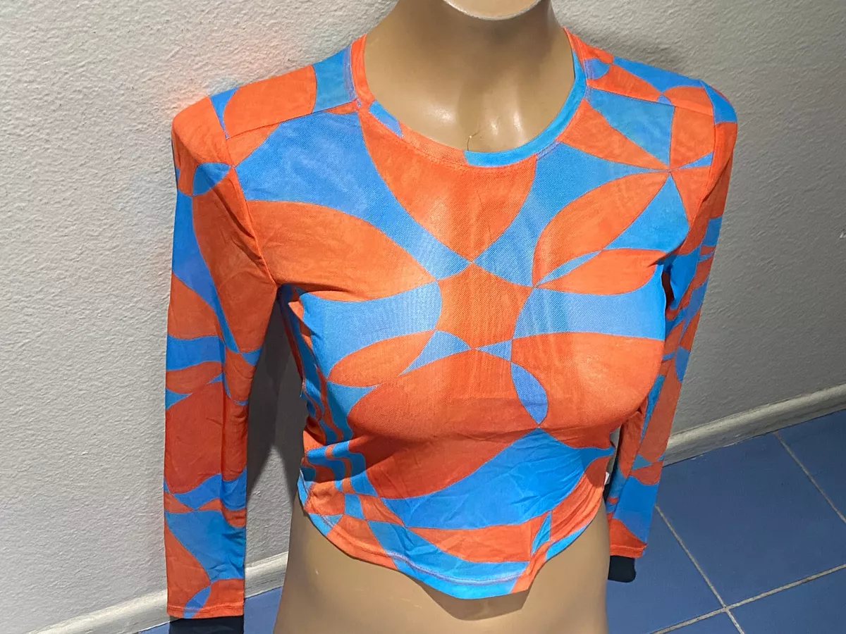 Fabletics Women's XS ORANGE/BLUE Print Long Sleeve Crop Mesh Pullover Top