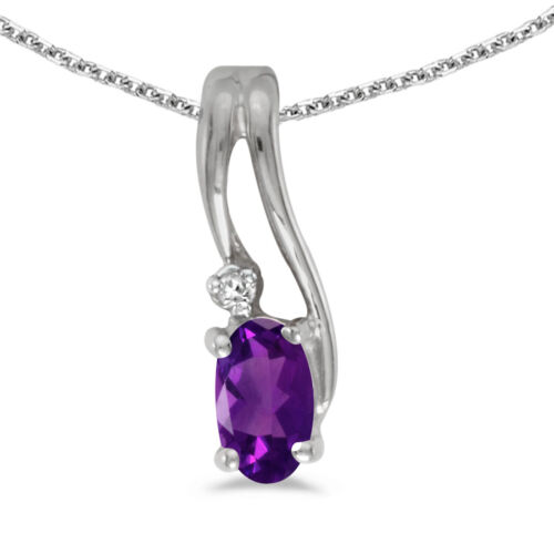 10k White Gold Oval Amethyst And Diamond Wave Pendant with 18" Chain - Picture 1 of 3
