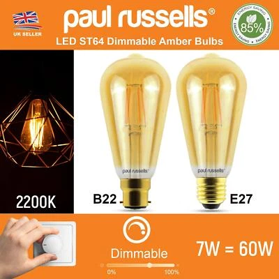 PAUL RUSSELLS 7W=60W LED Filament ST64 Vintage Bulb Dimmable Clear Amber Screw E27 Bayonet B22