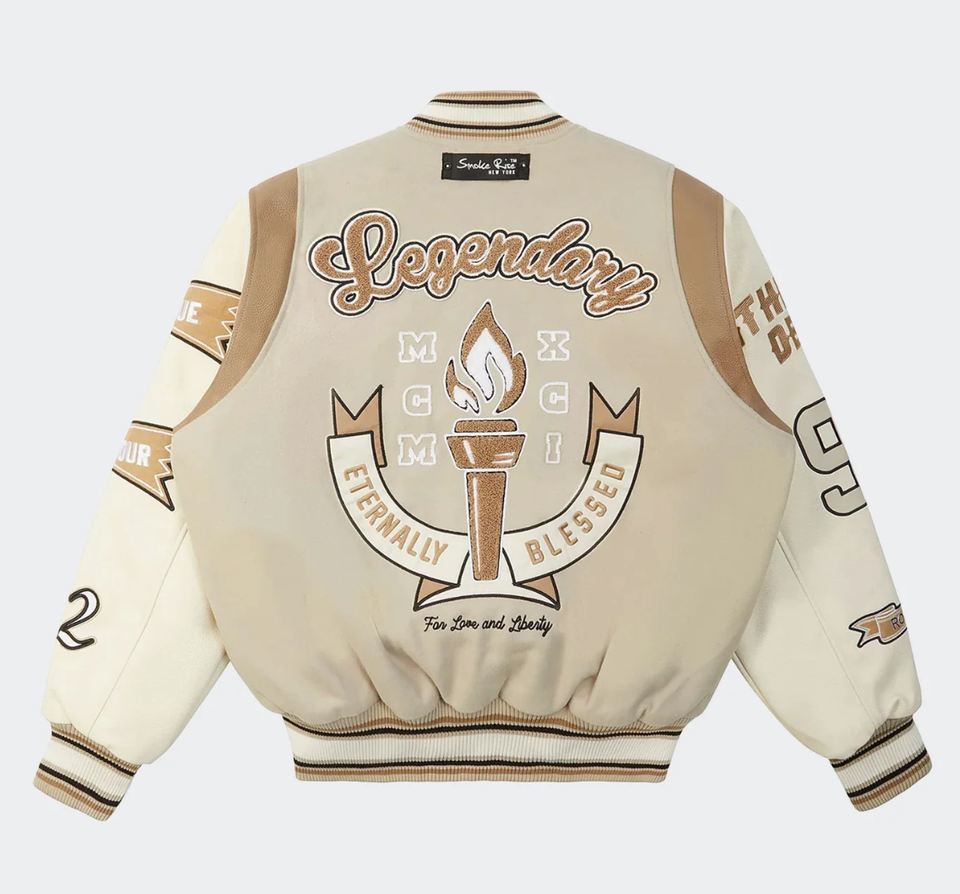 *NEW* MEN Smoke Rise Torch Varsity Jacket Clay Beige (WW23697EC), Sz MD