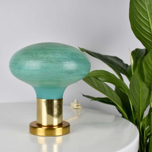 VTG Mushroom MCM Table Lamp Textured Mint Green Glass Shade Brass Base 70s - Picture 2 of 11