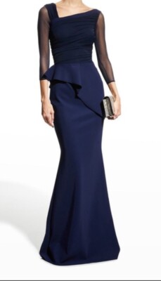 Chiara Boni La Petite Robe Rippy Illusion Gown Dress. NWT Dark Blue $1090 Sz 8