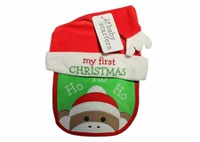 Baby Sock Monkey Bib and Hat w/Embroidered My First Christmas BABY STARTERS NEW