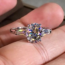 2 Ct Oval Cut Moissanite 3-Stone Engagement Wedding Ring 14k White Gold Plated