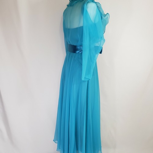 Saulino For Carrie Courture Blue Gown Ruffle Chiffon Neckline - Picture 2 of 5