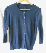 Ann Taylor Women's Navy Blue 100 Cotton Cardigan Sweater Sz Medium Lace Detail
