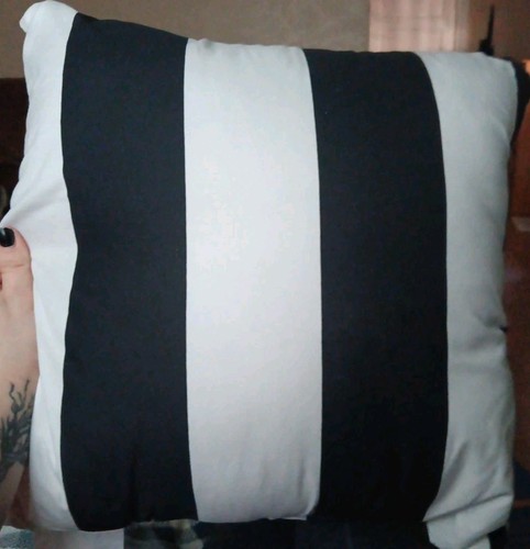 "Juicy Couture" Throw Pillow, White Front W/ Gold Letters, Striped Back, 16x16 - Picture 2 of 5