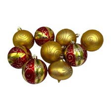 Red Gold Glitter Christmas Ornaments 9 Ct Christmas Shatterproof Plastic EUC