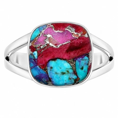 Kingman Pink Dahlia Turquoise Silver Plated Ring s.10 Fall Gift WR30-10128