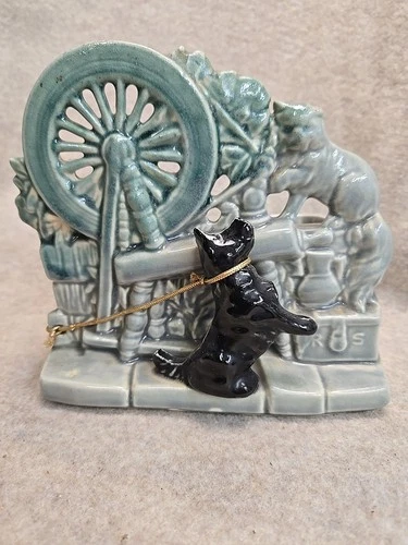 Vintage McCoy Double Planter With Blk Scottish Terrier & Cat On Spinning Wheel