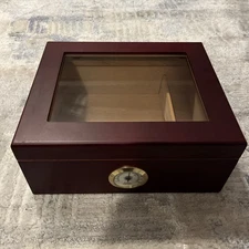 Mantello Cigars Wooden Cigar Humidor hygrometer gauge.  Rose-colored wood.