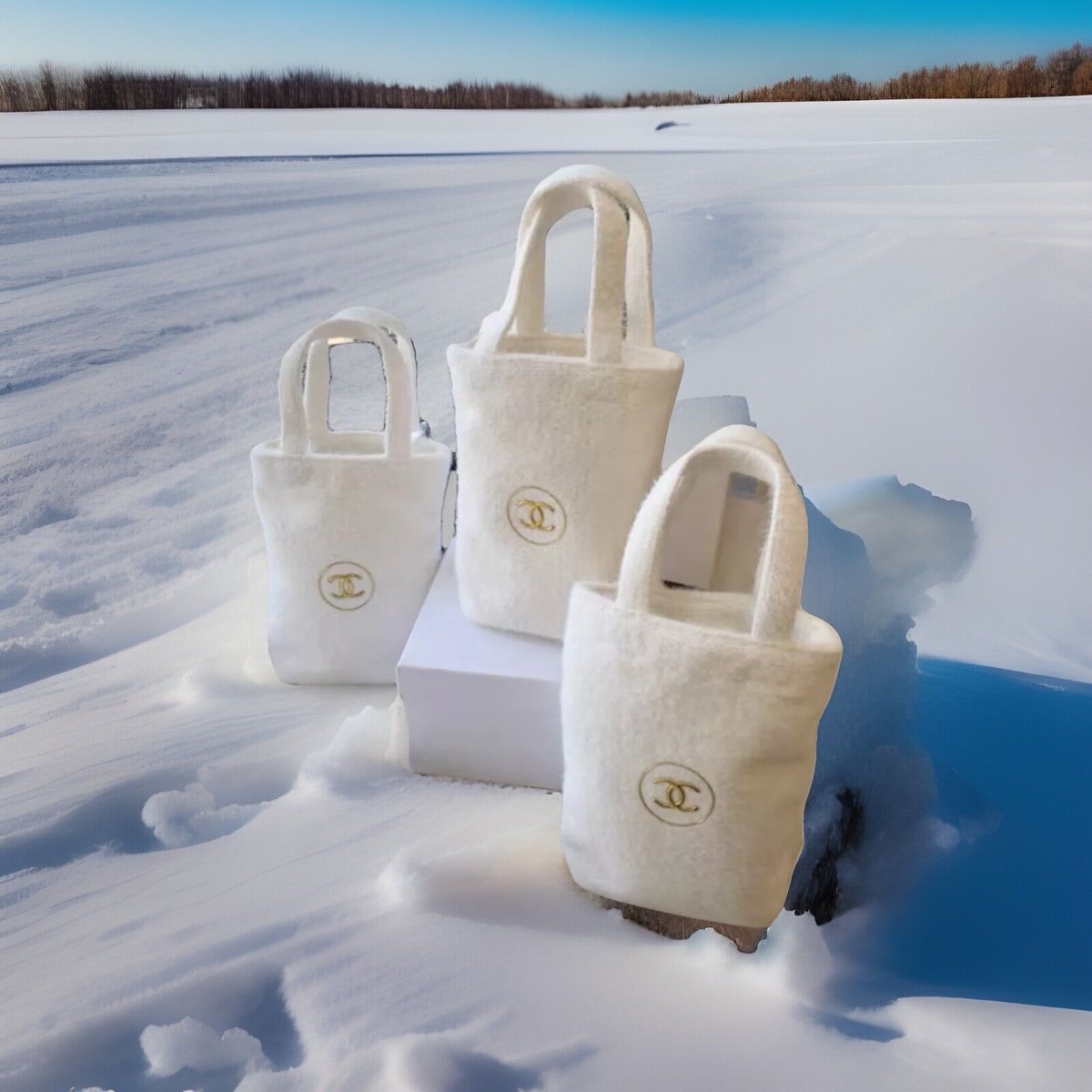 Chanel White Wool Christmas Cosmetic Bag Purse Make Up Shoulder