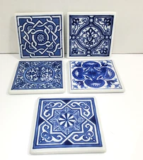 Set of (5) Vintage Coasters Bombay Co. 1998 Ceramic Blue and White