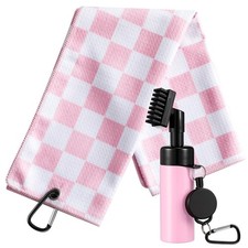 Pink Checkered Golf Towel Water Brush Set Microfiber Waffle Club Cleaner