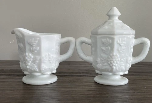 WESTMORELAND Vintage SUGAR BOWL & CREAMER Raised Paneled Grape White MILK GLASS