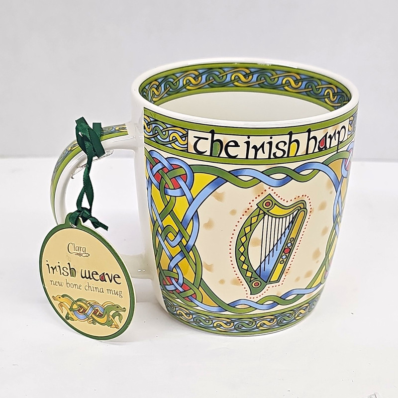 Clara Irish Weave Irish Harp Bone China Coffee Mug Celtic Multicolor 11 oz