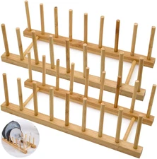 Set of 2 Bamboo Wooden Dish Rack, Plate Rack Stand Pot Lid Holder, Kitchen Cabin