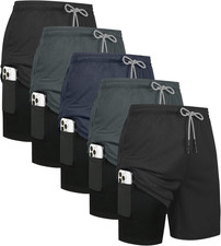 5 Pack Mens 2 in 1 Running Shorts with Liner, Quick Dry Workout Training Gym Ath