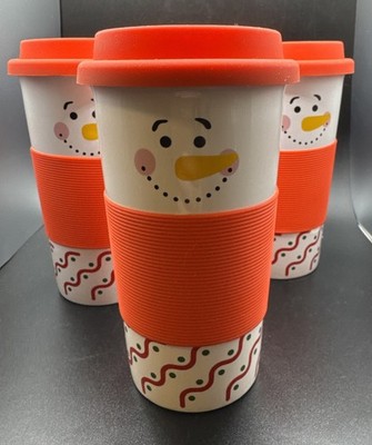 Lot of 3 Just For You Snowman Ceramic Travel Mug Holiday Coffee Cup with Lid