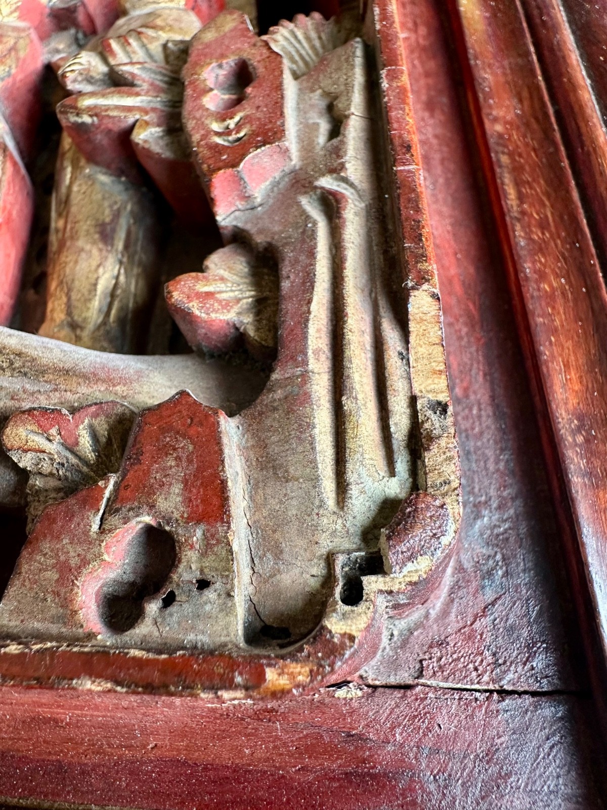 2 Antique Chinese Red & Gilt Wooden Deep Carved Panel Wood 19th Century