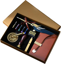 Feather Quill Pen and Leather Notebook Set, with Glass Pen Ink, Fountain Pen Nib