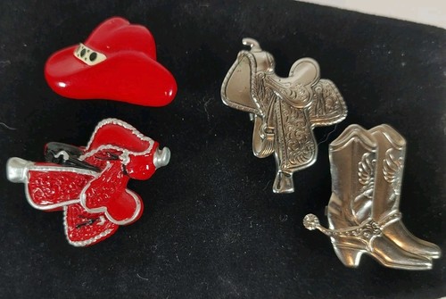 Lot 2 Pair Western Cowboy Button Covers Hat Saddle Boots Red Enamel Vintage