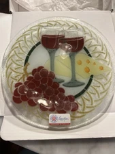 Peggy Karr Fused Art Glass Dish Wine Cheese Grapes Design  8.5" Signed