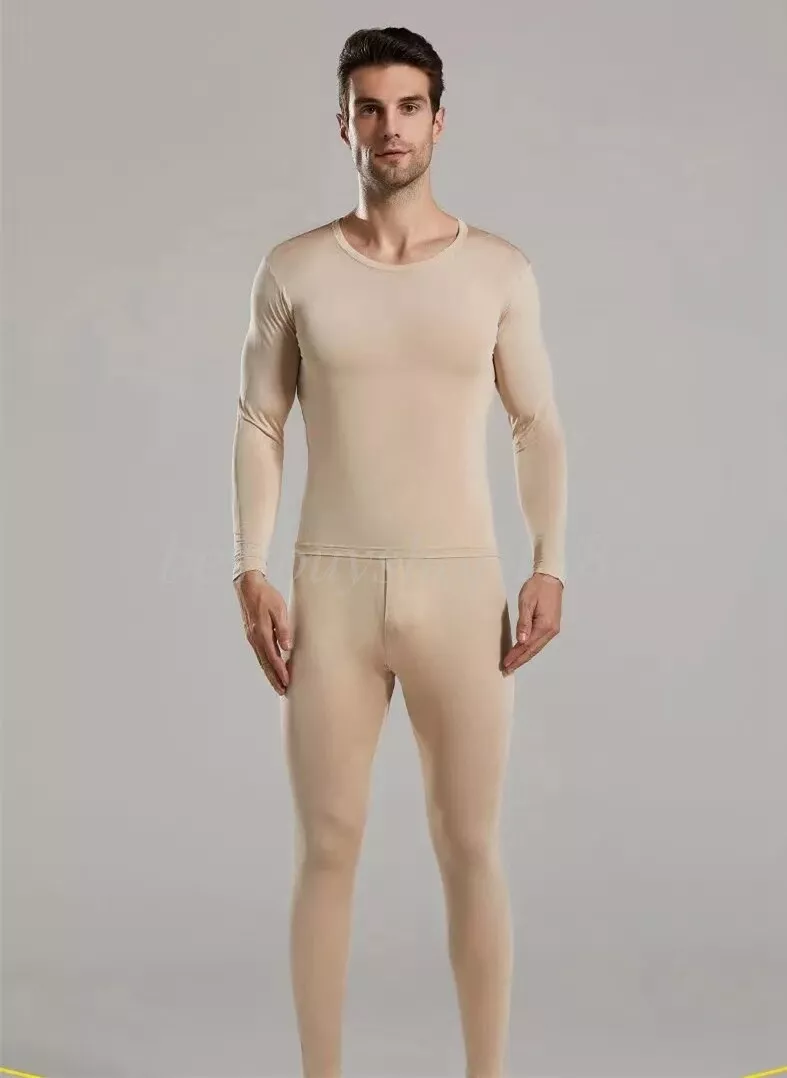 Men Pure Silk Long Johns Thermal Underwear Set Round Neck Base Layer  Top&Bottom